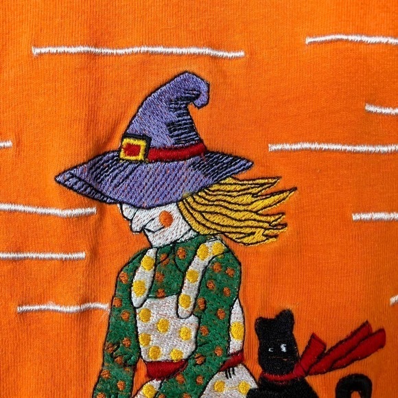 BASIC Editions Vintage 90s Halloween Witch Broom Cat Orange Long Sleeve Tee Sz M - Picture 4 of 16